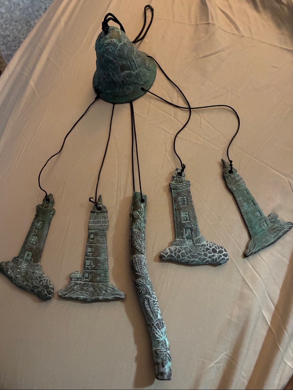 Patina Green Vintage Lighthouse Wind Chime - Coastal Hanging Decor